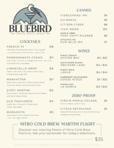 Bluebird Martini Bar & Lounge Drink Menu.