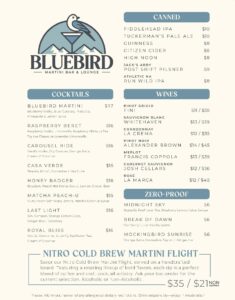 Bluebird Martini Bar & Lounge Drink Menu.